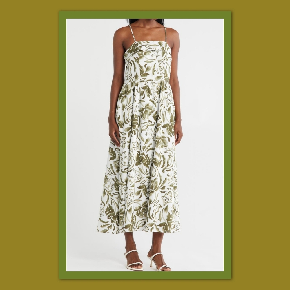 HALOGEN FLORAL FOLDOVER NECK MIDI SUNDRESS.